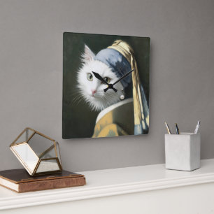 Reloj Cuadrado Gato blanco con retrato de la perla