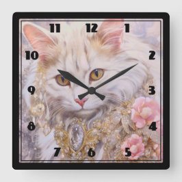 Reloj Cuadrado Gato blanco elegante en oro y diamantes