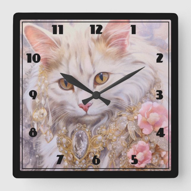Reloj Cuadrado Gato blanco elegante en oro y diamantes (Anverso)