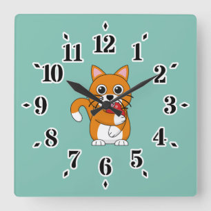 Reloj Cuadrado Gato blanco Naranja lindo comiendo Personalizado d