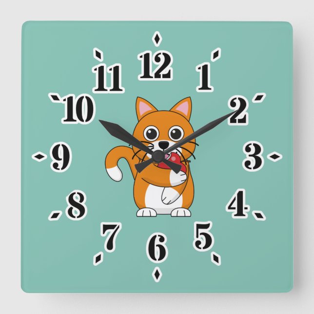 Reloj Cuadrado Gato blanco Naranja lindo comiendo Personalizado d (Anverso)
