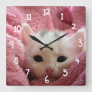 Reloj Cuadrado Gato blanco rosado