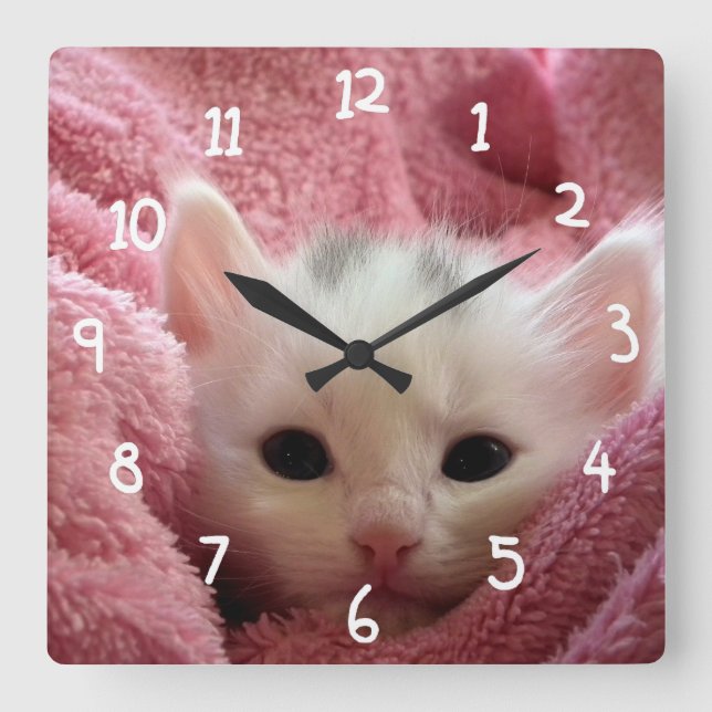Reloj Cuadrado Gato blanco rosado (Anverso)