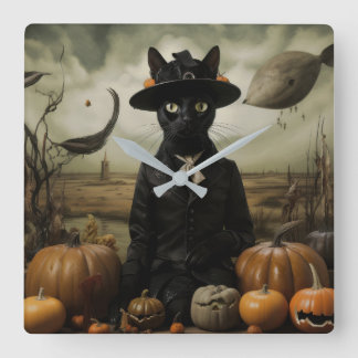 Reloj Cuadrado Gato Bruja con Calabazas 