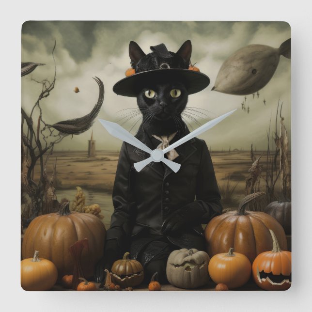 Reloj Cuadrado Gato Bruja con Calabazas  (Anverso)