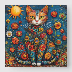Reloj Cuadrado 🌸 Gato con cuerpo floral estética inspirada en la