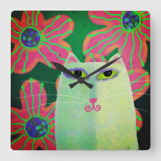 Reloj Cuadrado Gato con flores Resumen de arte (Anverso)