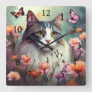 Reloj Cuadrado Gato con flores y mariposas AI Cat 701