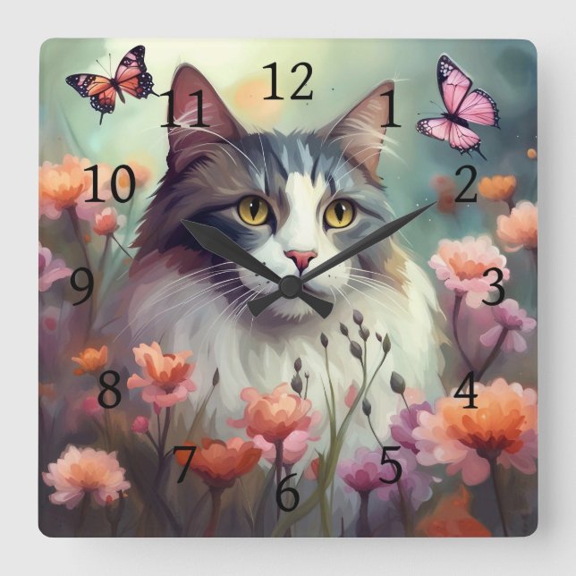 Reloj Cuadrado Gato con flores y mariposas AI Cat 701 (Anverso)