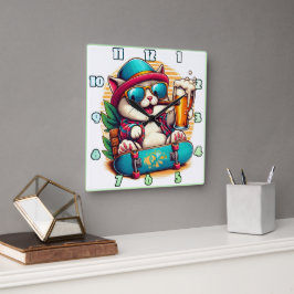 Reloj Cuadrado Gato con gafas de sol celebrando en una patineta