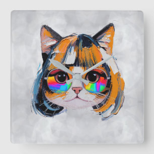 Reloj Cuadrado Gato con peluca + Gafas de sol (Pintura #2)