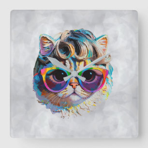 Reloj Cuadrado Gato con peluca + Gafas de sol (Pintura #4)