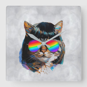 Reloj Cuadrado Gato con peluca + Gafas de sol (Pintura #5)