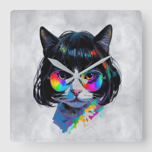 Reloj Cuadrado Gato con peluca + Gafas de sol (Pintura #6)