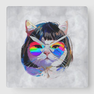 Reloj Cuadrado Gato con peluca + Gafas de sol (Pintura #7)