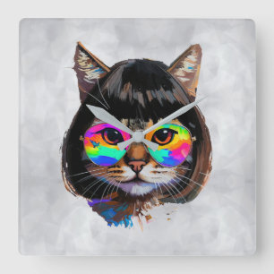 Reloj Cuadrado Gato con peluca + Gafas de sol (Pintura #9)