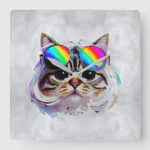 Reloj Cuadrado Gato con peluca y gafas de sol (Cuadro #3)