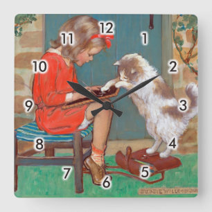 Reloj Cuadrado Gato con una Chica, Jessie Willcox Smith