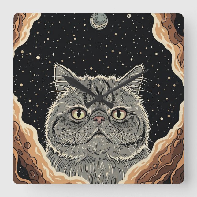 Reloj Cuadrado Gato Cósmico (Anverso)