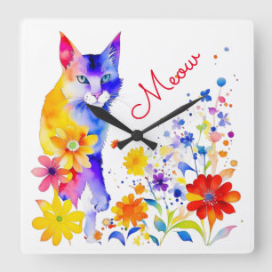 Reloj Cuadrado Gato de acuarela y flores Meow