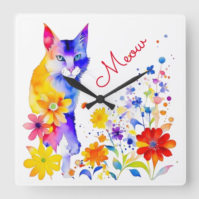 Reloj Cuadrado Gato de acuarela y flores Meow (Anverso)