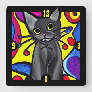 Reloj Cuadrado Gato de arte pop negro