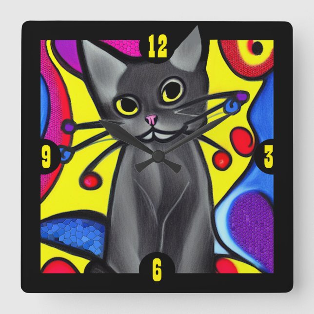 Reloj Cuadrado Gato de arte pop negro (Anverso)