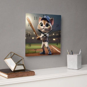 Reloj Cuadrado Gato de béisbol divertido,