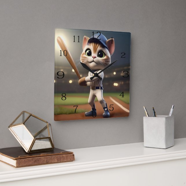 Reloj Cuadrado Gato de béisbol divertido, (Oficina)