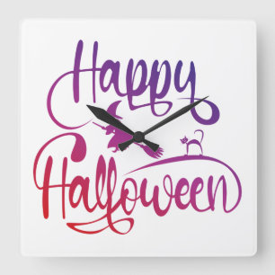 Reloj Cuadrado Gato de bruja voladora feliz gradiente de Hallowee