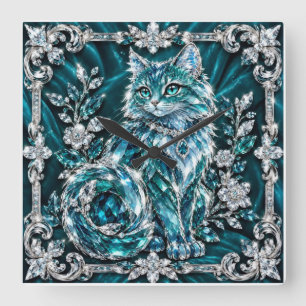 Reloj Cuadrado Gato de cristal turquesa de lujo Marco de plata