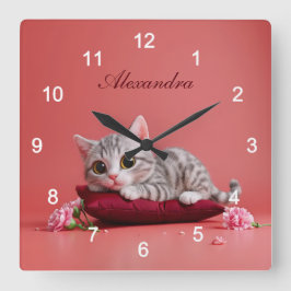 Reloj Cuadrado Gato de enero lindo con claveles