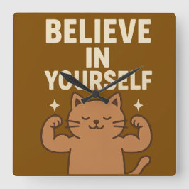 Reloj Cuadrado Gato de Flexing motivacional - "Créeme en ti mismo