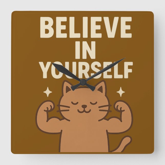 Reloj Cuadrado Gato de Flexing motivacional - "Créeme en ti mismo (Anverso)