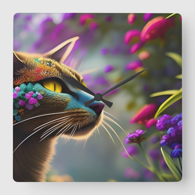 Reloj Cuadrado Gato de flor de bonito (Anverso)