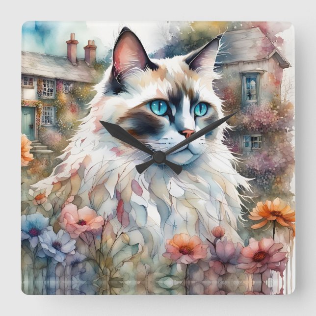 Reloj Cuadrado Gato de Ragdoll en un jardín inglés (Anverso)