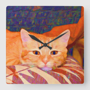 Reloj Cuadrado Gato de Tabby anaranjado lindo divertido