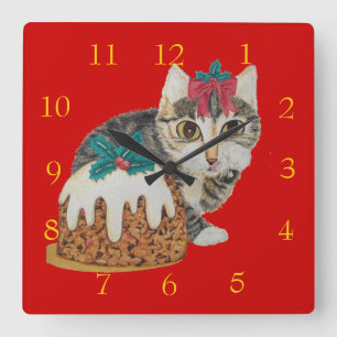 Reloj Cuadrado gato de tabby gris del gatito lindo que lame