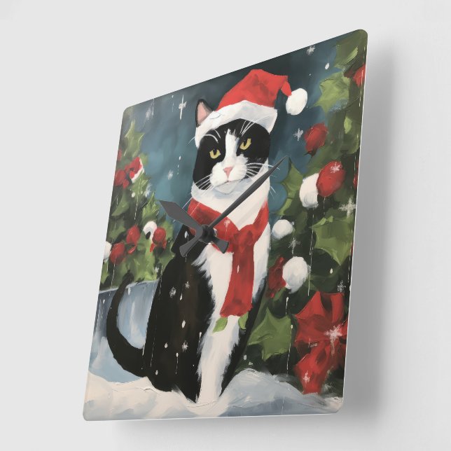 Reloj Cuadrado Gato de Tuxedo en Navidades de nieve (Ángulo)
