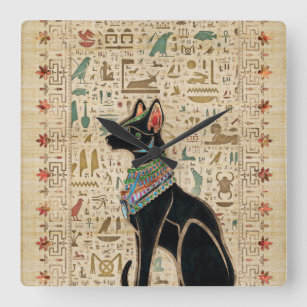 Reloj Cuadrado Gato egipcio - Bastet sobre papiro