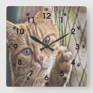 Reloj Cuadrado Gato En Una Alambrada