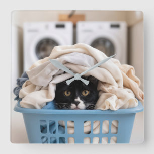 Reloj Cuadrado Gato Esmoquin Escondiéndose en la Cesta de Ropa