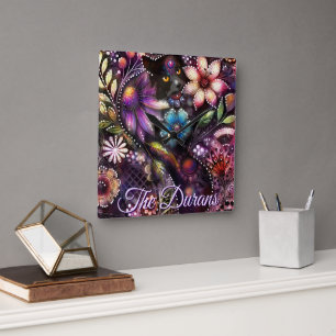 Reloj Cuadrado Gato Floral Abstracto Personalizado de Jardín