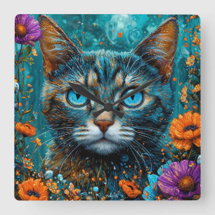 Reloj Cuadrado Gato Floral Adorable