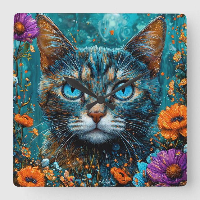 Reloj Cuadrado Gato Floral Adorable (Anverso)