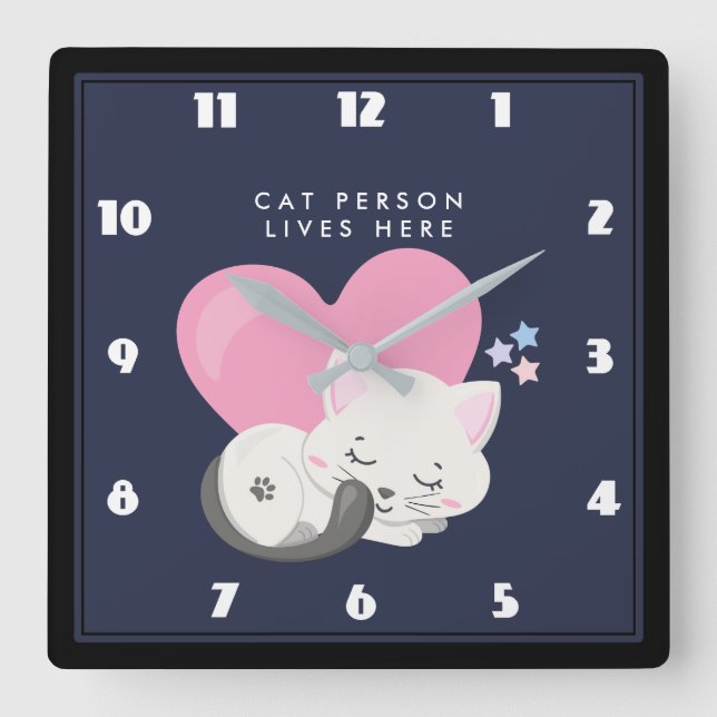 Reloj Cuadrado Gato: Gato blanco gatito durmiendo (Anverso)