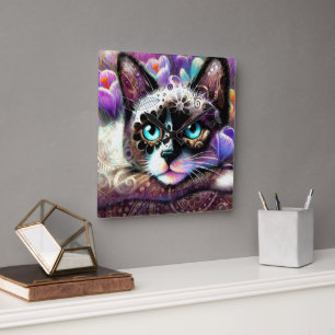 Reloj Cuadrado Gato kitano siamés crocus floral morado blanco Ver