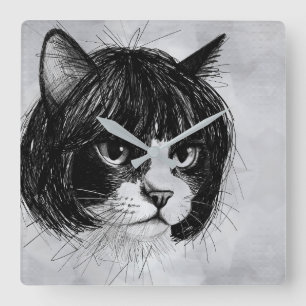 Reloj Cuadrado Gato Lindo con Peluca (Estilo 10 +BG) Arte Refinad