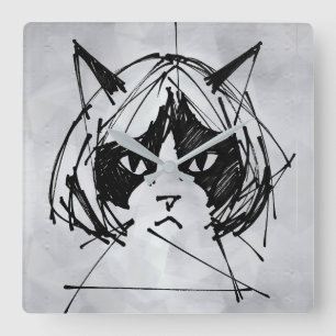 Reloj Cuadrado Gato Lindo con Peluca (Estilo 3 +BG) Arte Refinado