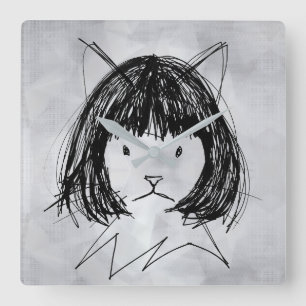 Reloj Cuadrado Gato Lindo con Peluca (Estilo 7 +BG) Arte Fino
